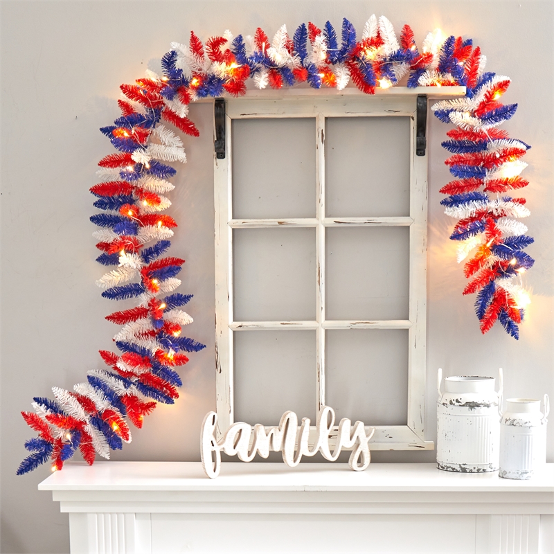 Nearly Natural 9ft Patriotic American Flag Artificial Garland w/50 Warm LED