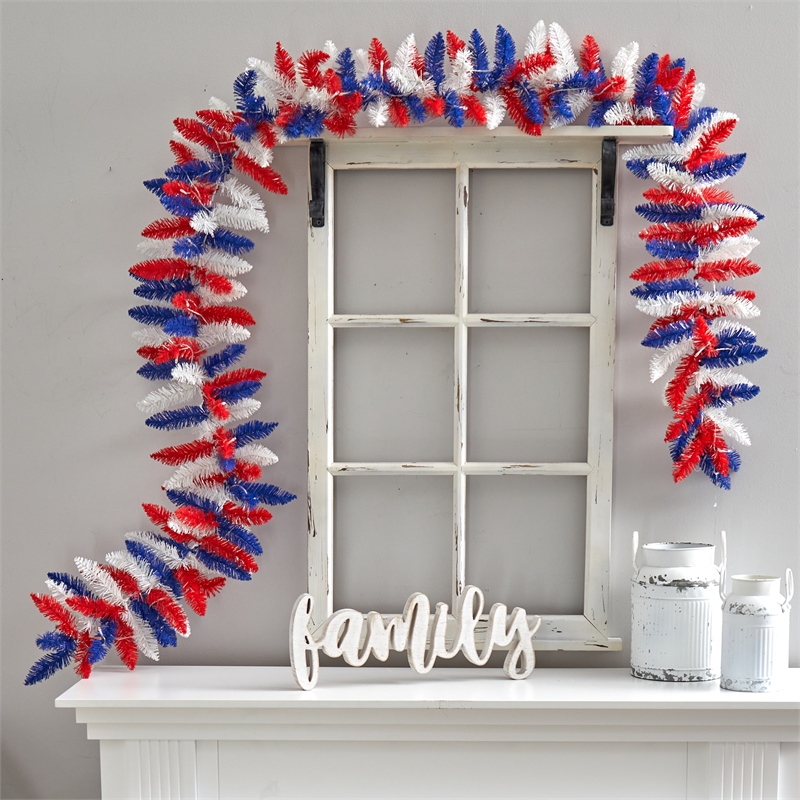 Nearly Natural 9ft Patriotic American Flag Artificial Garland w/50 Warm LED