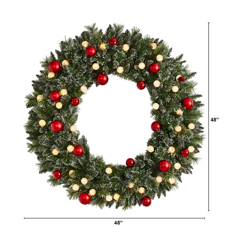 Nearly Natural 4ft Oversized Pre-Lit Frosted Holiday ChristmasWreath w/Ornaments