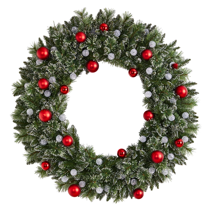 Nearly Natural 4ft Oversized Pre-Lit Frosted Holiday ChristmasWreath w/Ornaments