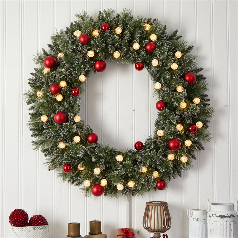 Nearly Natural 4ft Oversized Pre-Lit Frosted Holiday ChristmasWreath w/Ornaments