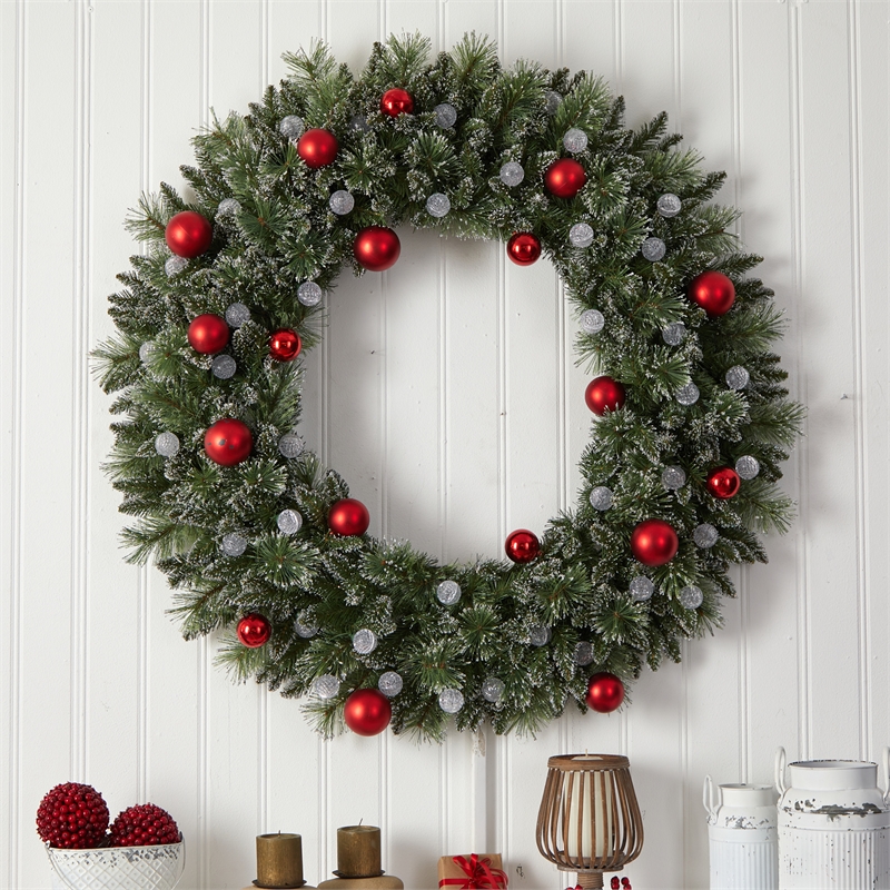Nearly Natural 4ft Oversized Pre-Lit Frosted Holiday ChristmasWreath w/Ornaments