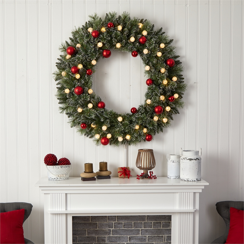 Nearly Natural 4ft Oversized Pre-Lit Frosted Holiday ChristmasWreath w/Ornaments