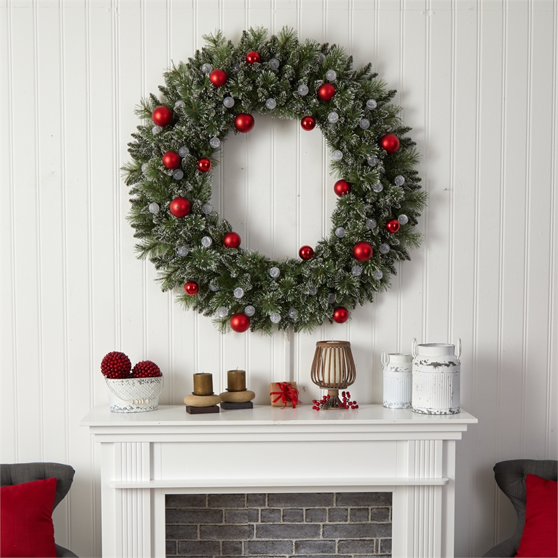 Nearly Natural 4ft Oversized Pre-Lit Frosted Holiday ChristmasWreath w/Ornaments