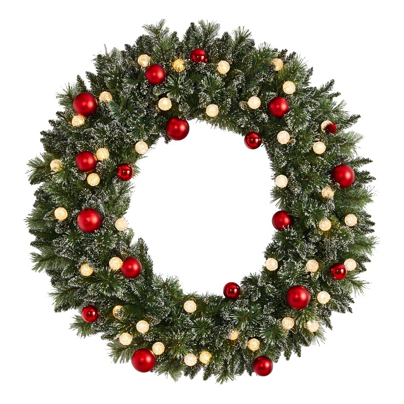 Nearly Natural 4ft Oversized Pre-Lit Frosted Holiday ChristmasWreath w/Ornaments