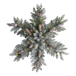 Nearly Natural 30&quot Pre-Lit Flocked Snowflake Dunhill Fir Wreath w/ 40 LED