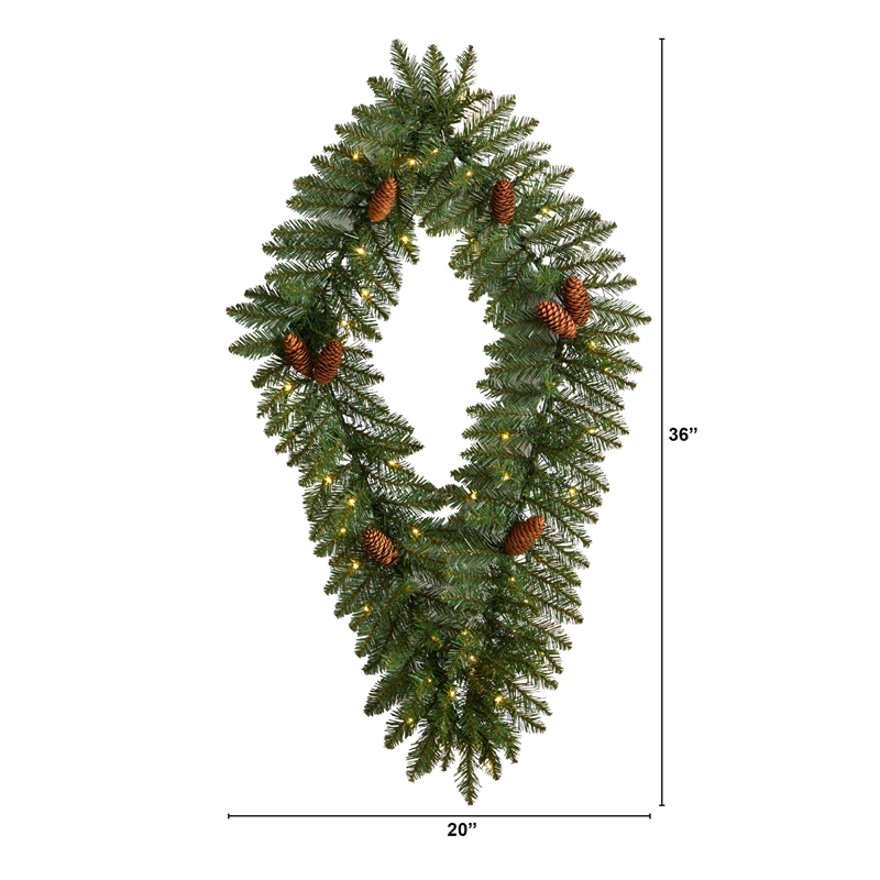 Nearly Natural 3ft Holiday Christmas Geometric Diamond Wreath w/ 50 Warm White