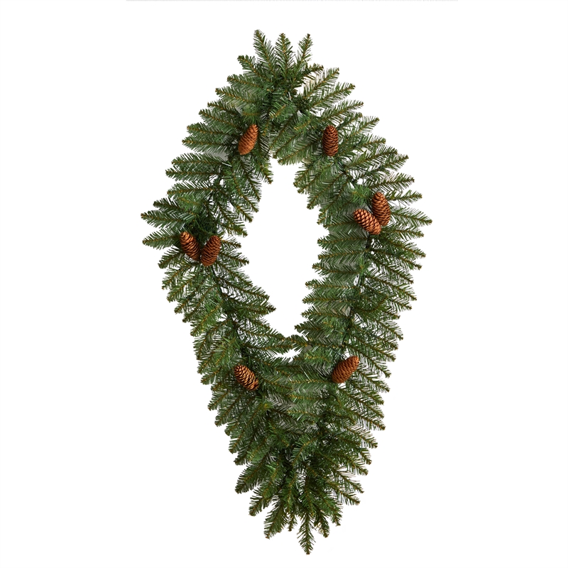 Nearly Natural 3ft Holiday Christmas Geometric Diamond Wreath w/ 50 Warm White