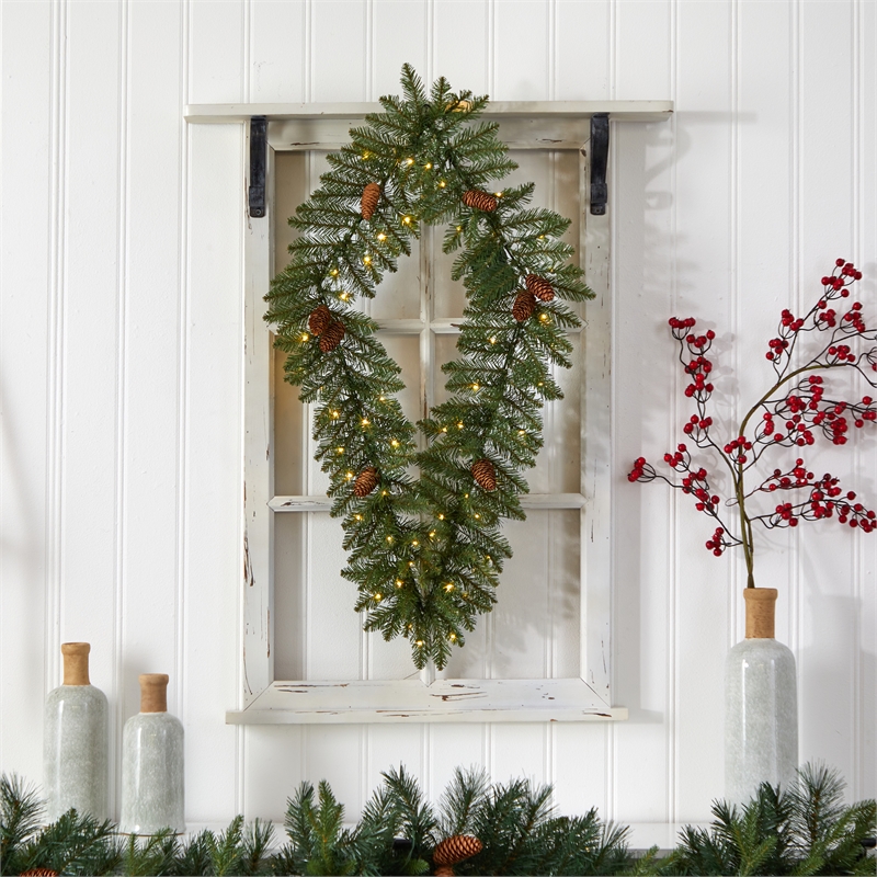 Nearly Natural 3ft Holiday Christmas Geometric Diamond Wreath w/ 50 Warm White