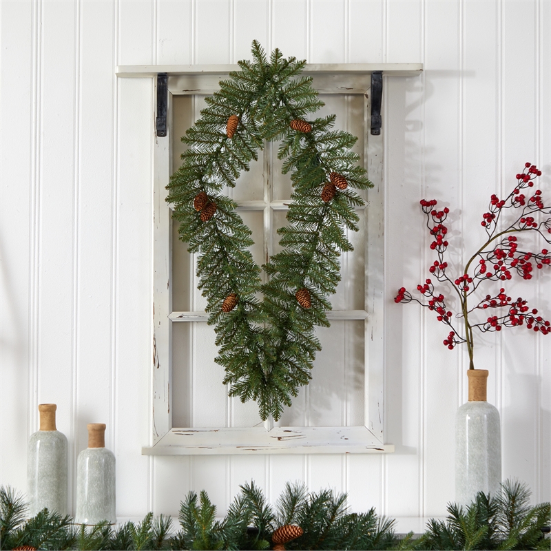 Nearly Natural 3ft Holiday Christmas Geometric Diamond Wreath w/ 50 Warm White