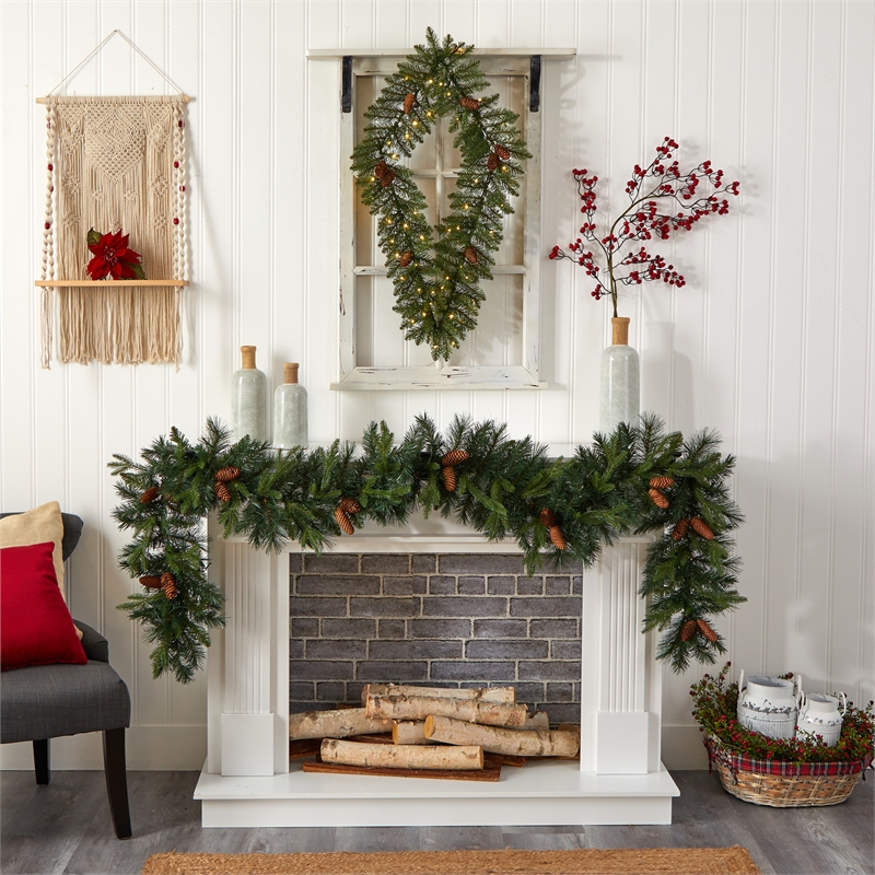 Nearly Natural 3ft Holiday Christmas Geometric Diamond Wreath w/ 50 Warm White