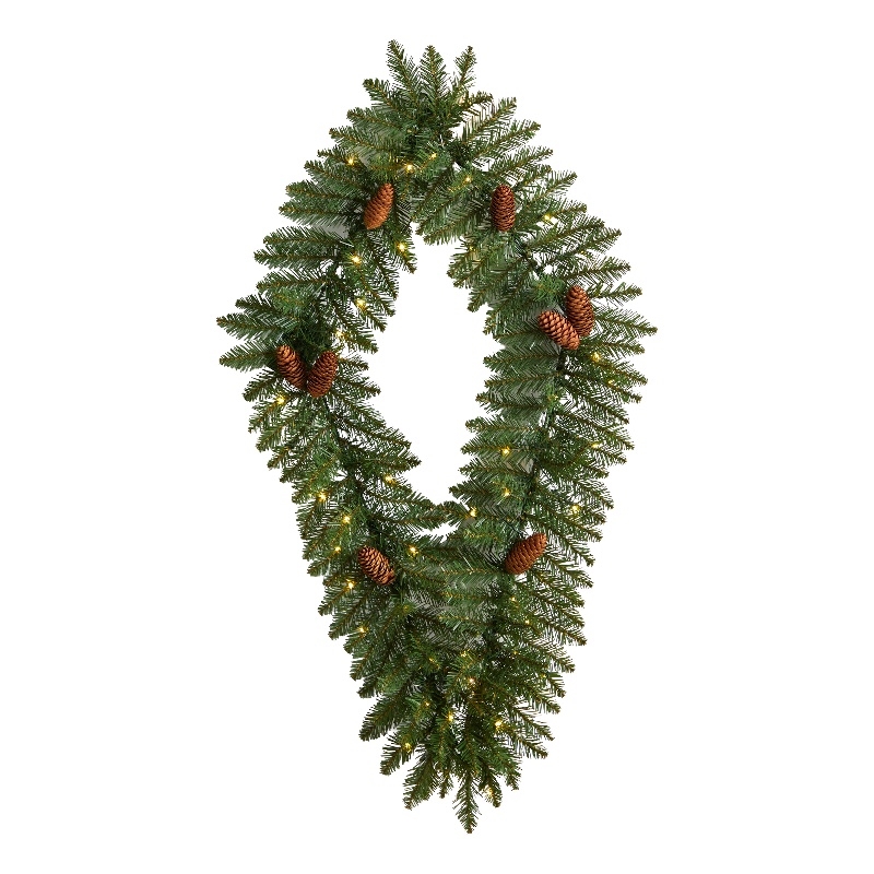 Nearly Natural 3ft Holiday Christmas Geometric Diamond Wreath w/ 50 Warm White