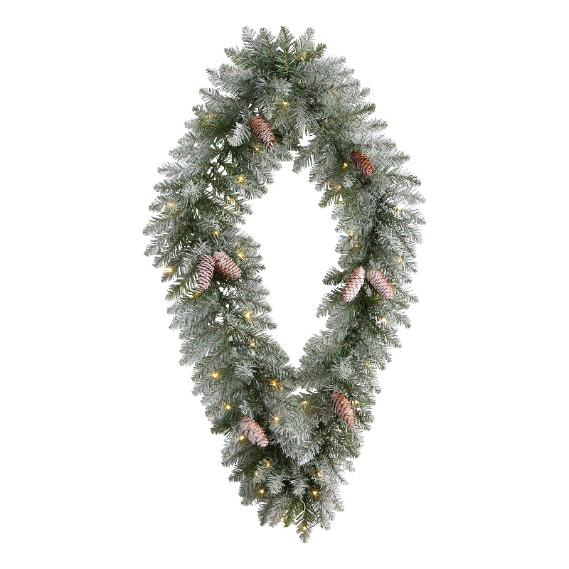 Nearly Natural 3ft Holiday Christmas Geometric Diamond Frosted Wreath w/Pinecone