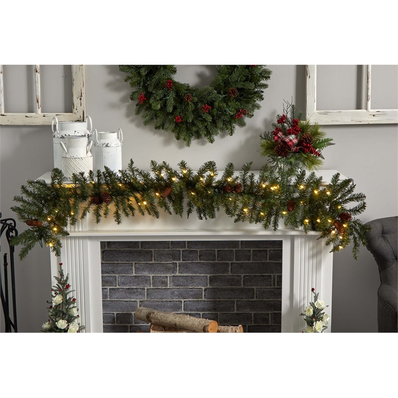 Nearly Natural 6ft Mixed Alaskan Pines Christmas Garland 50 Warm White LED Light