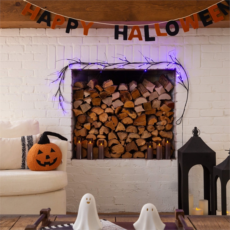 Nearly Natural 6.5ft Pre-Lit Artificial Halloween Black Twig Garland w/ 48 LED