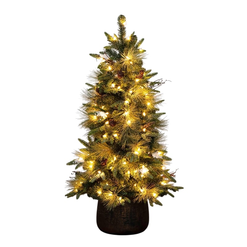 Nearly Natural 4ft Pre-Lit Mixed Pine Snowed Christmas Tree in Planter