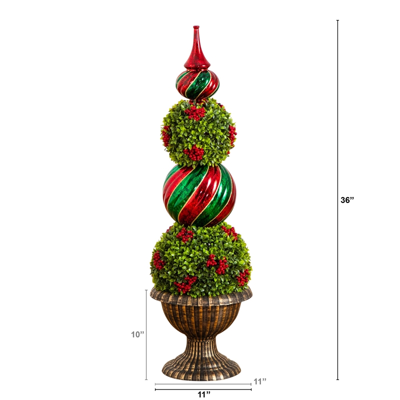 Nearly Natural 3ft Pre-Lit Christmas Ornament Boxwood Topiary Tree w/ 70 LED