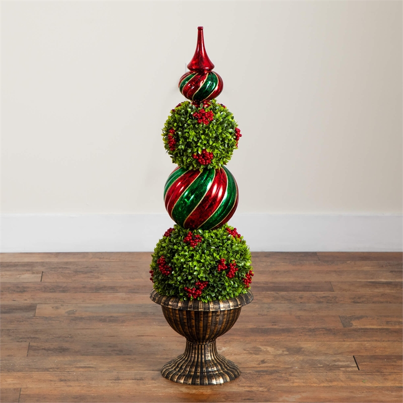 Nearly Natural 3ft Pre-Lit Christmas Ornament Boxwood Topiary Tree w/ 70 LED