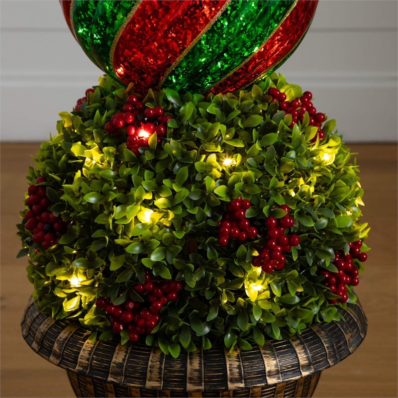 Nearly Natural 3ft Pre-Lit Christmas Ornament Boxwood Topiary Tree w/ 70 LED