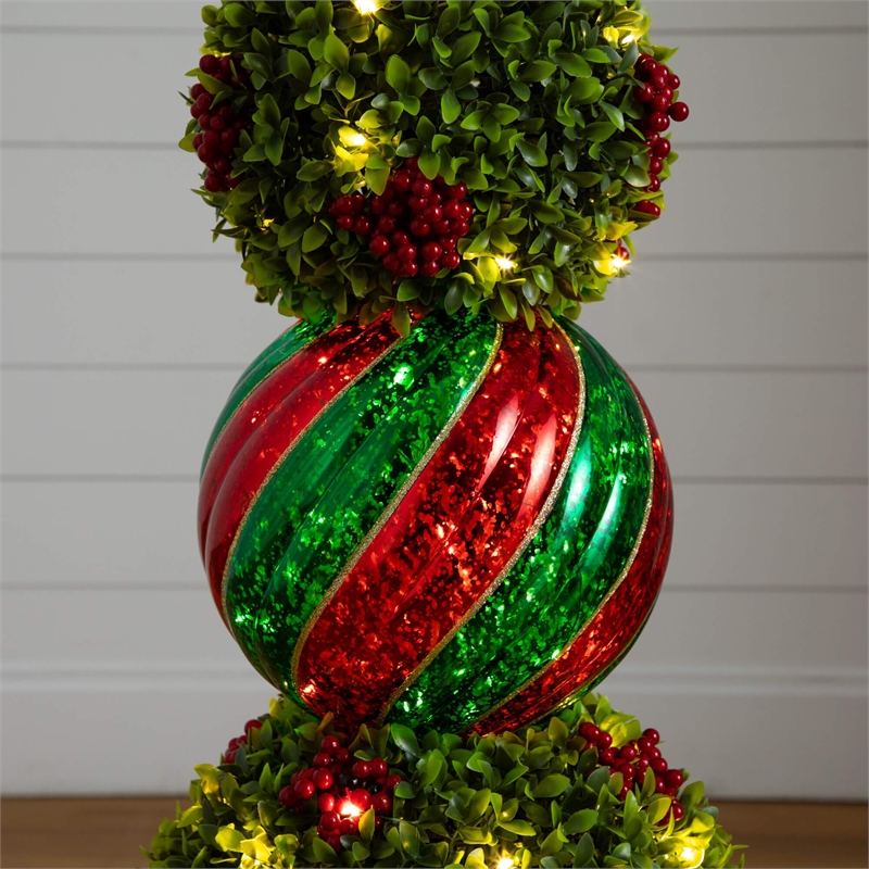 Nearly Natural 3ft Pre-Lit Christmas Ornament Boxwood Topiary Tree w/ 70 LED