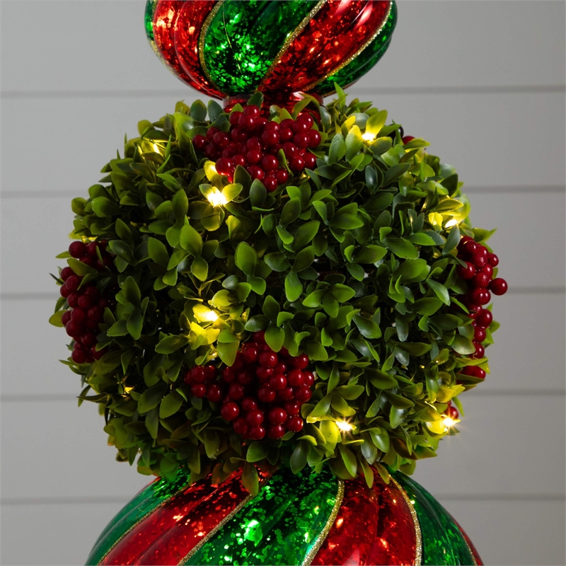 Nearly Natural 3ft Pre-Lit Christmas Ornament Boxwood Topiary Tree w/ 70 LED