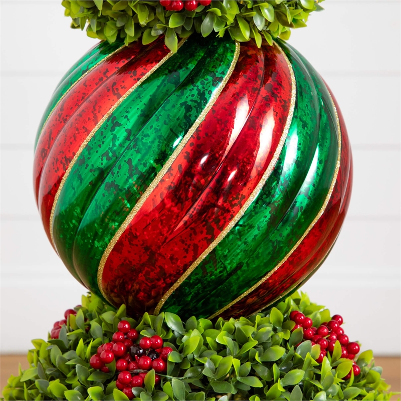 Nearly Natural 3ft Pre-Lit Christmas Ornament Boxwood Topiary Tree w/ 70 LED