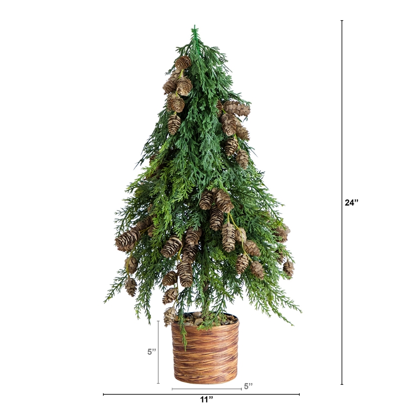 Nearly Natural 2ft Down Swept Cedar Christmas Tree w/ Pinecones in Planter