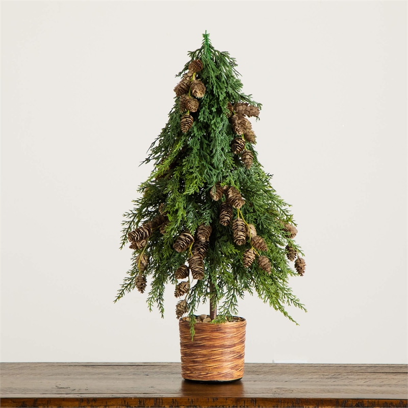 Nearly Natural 2ft Down Swept Cedar Christmas Tree w/ Pinecones in Planter