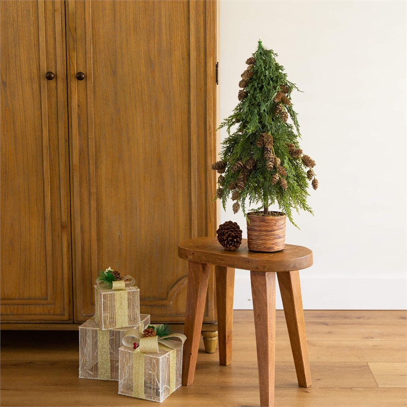 Nearly Natural 2ft Down Swept Cedar Christmas Tree w/ Pinecones in Planter