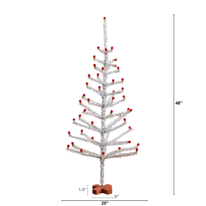 Nearly Natural 4ft Retro Silver Tinsel Christmas Tree with 50 Red Mini Ornament