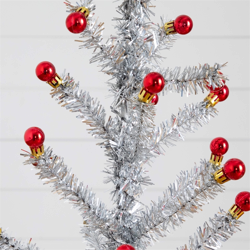 Nearly Natural 4ft Retro Silver Tinsel Christmas Tree with 50 Red Mini Ornament