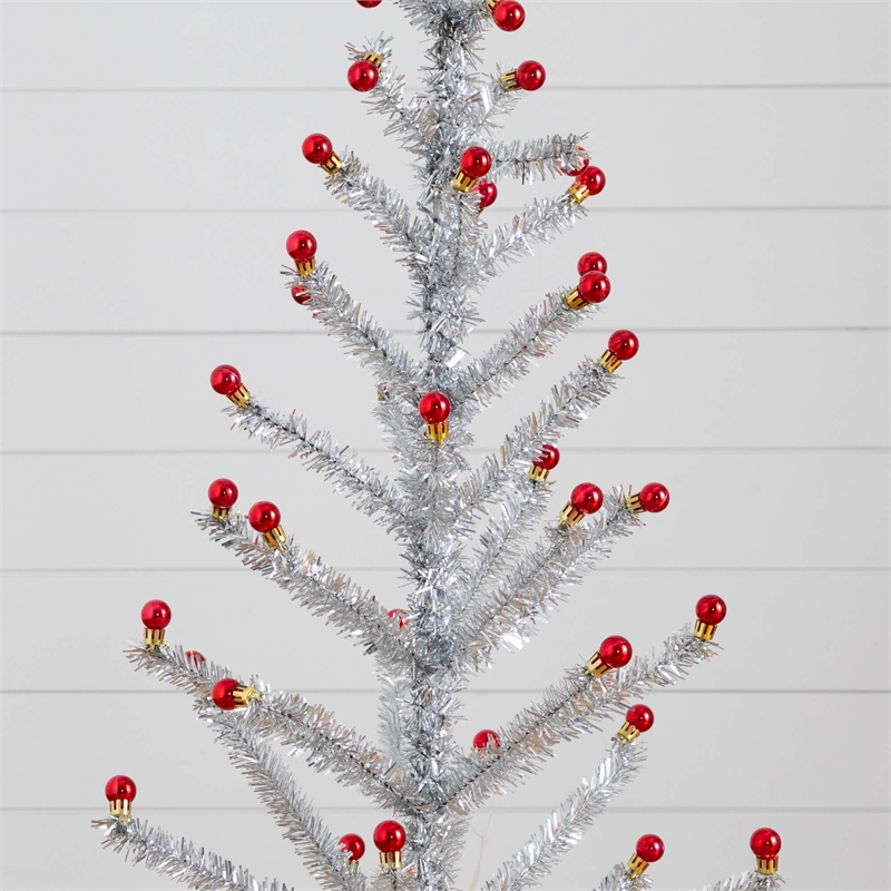 Nearly Natural 4ft Retro Silver Tinsel Christmas Tree with 50 Red Mini Ornament