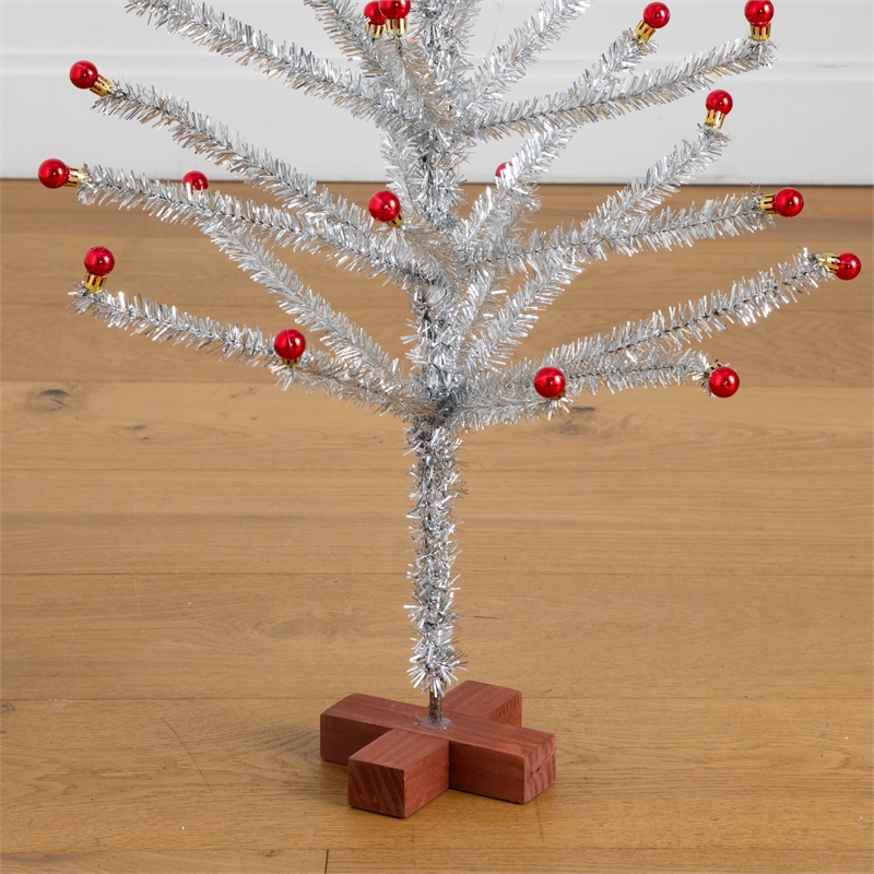 Nearly Natural 4ft Retro Silver Tinsel Christmas Tree with 50 Red Mini Ornament