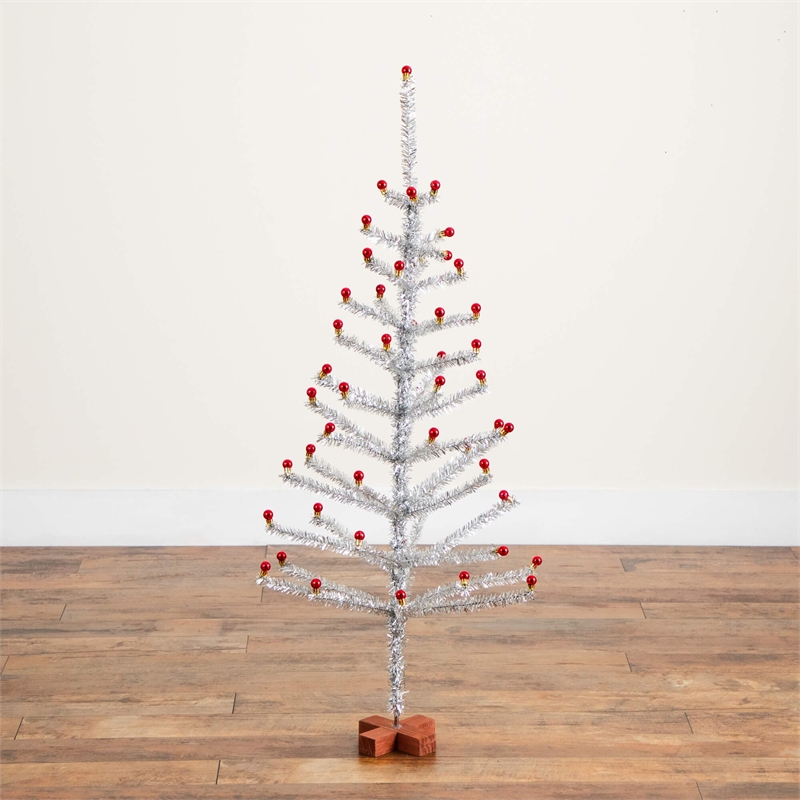 Nearly Natural 4ft Retro Silver Tinsel Christmas Tree with 50 Red Mini Ornament