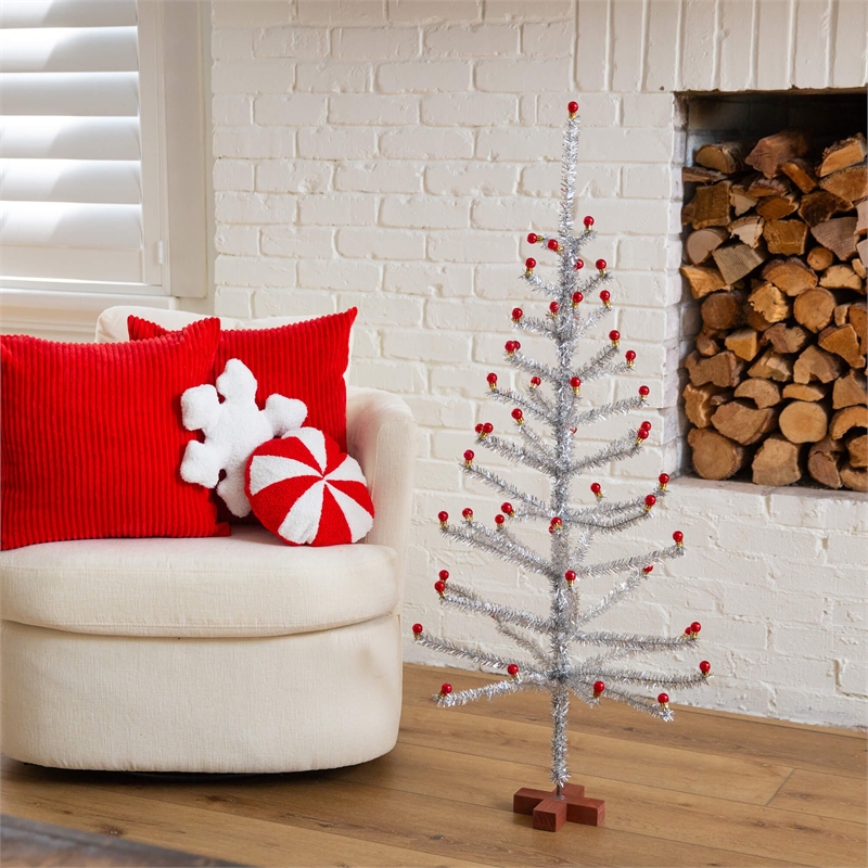 Nearly Natural 4ft Retro Silver Tinsel Christmas Tree with 50 Red Mini Ornament