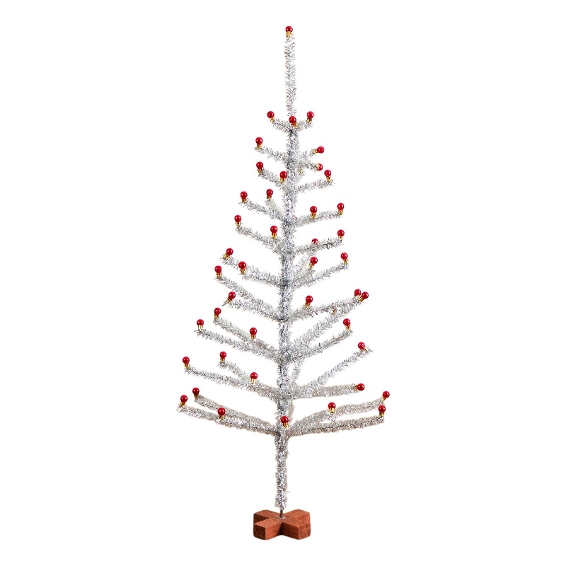 Nearly Natural 4ft Retro Silver Tinsel Christmas Tree with 50 Red Mini Ornament