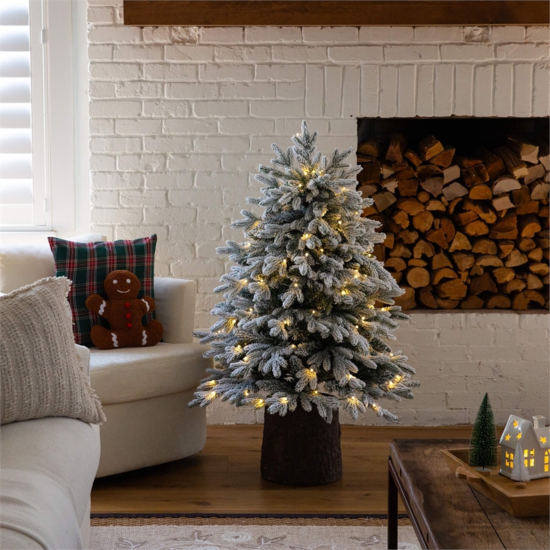 Nearly Natural 4ft Pre-Lit Flocked Christmas Tree w/ 100 Warm White LED Lights