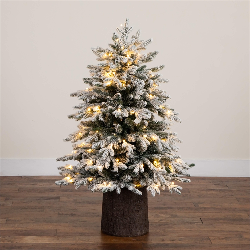 Nearly Natural 4ft Pre-Lit Flocked Christmas Tree w/ 100 Warm White LED Lights