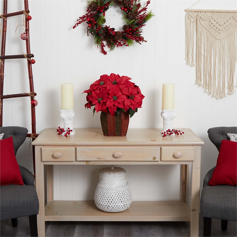 Nearly Natural Poinsettia with Decorative Vase Silk Arrangement in Red
