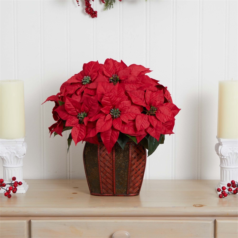 Nearly Natural Poinsettia with Decorative Vase Silk Arrangement in Red