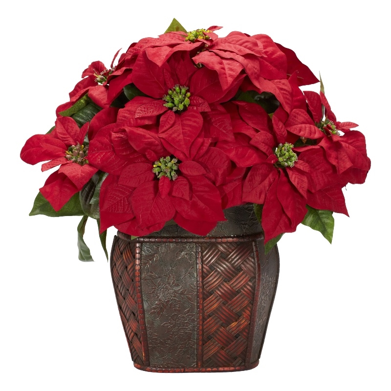 Nearly Natural Poinsettia with Decorative Vase Silk Arrangement in Red