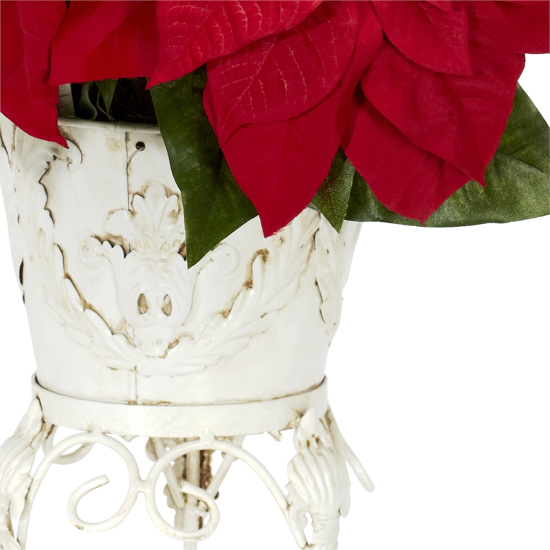 Nearly Natural Poinsettia with Metal Planter Silk Flower Arrangement in Red