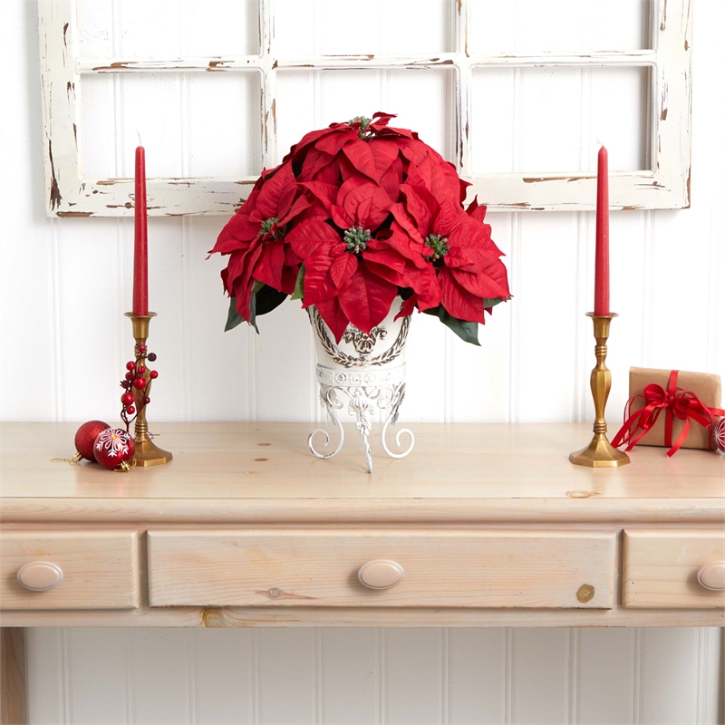 Nearly Natural Poinsettia with Metal Planter Silk Flower Arrangement in Red