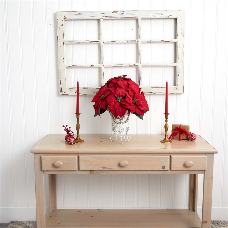 Nearly Natural Poinsettia with Metal Planter Silk Flower Arrangement in Red