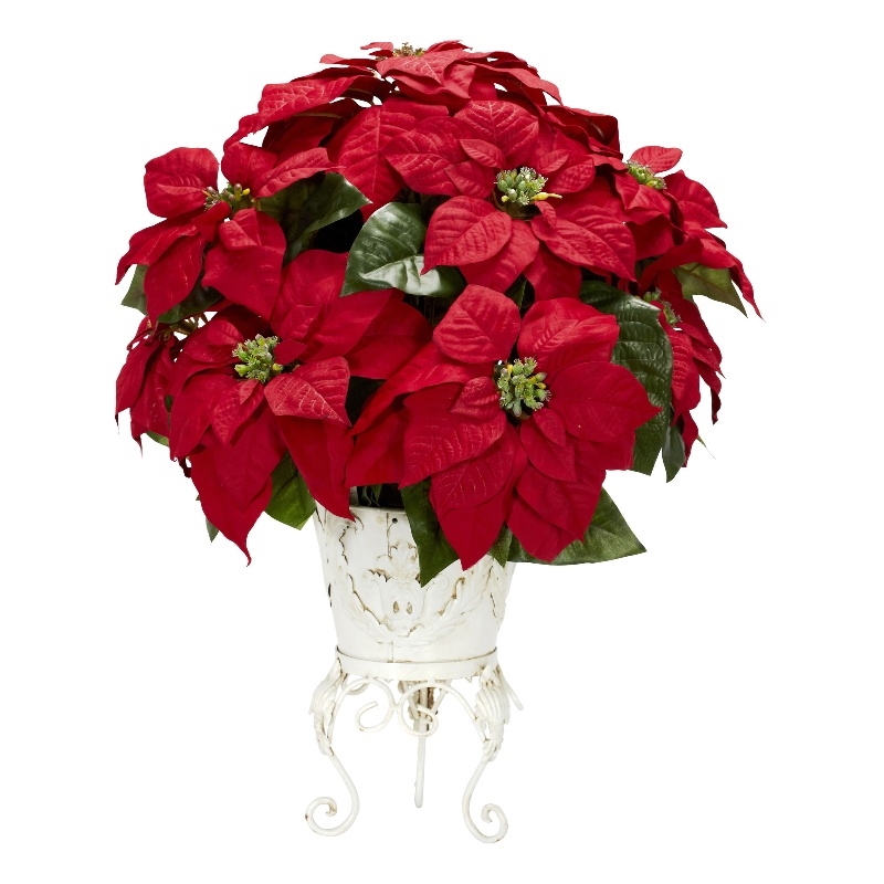 Nearly Natural Poinsettia with Metal Planter Silk Flower Arrangement in Red