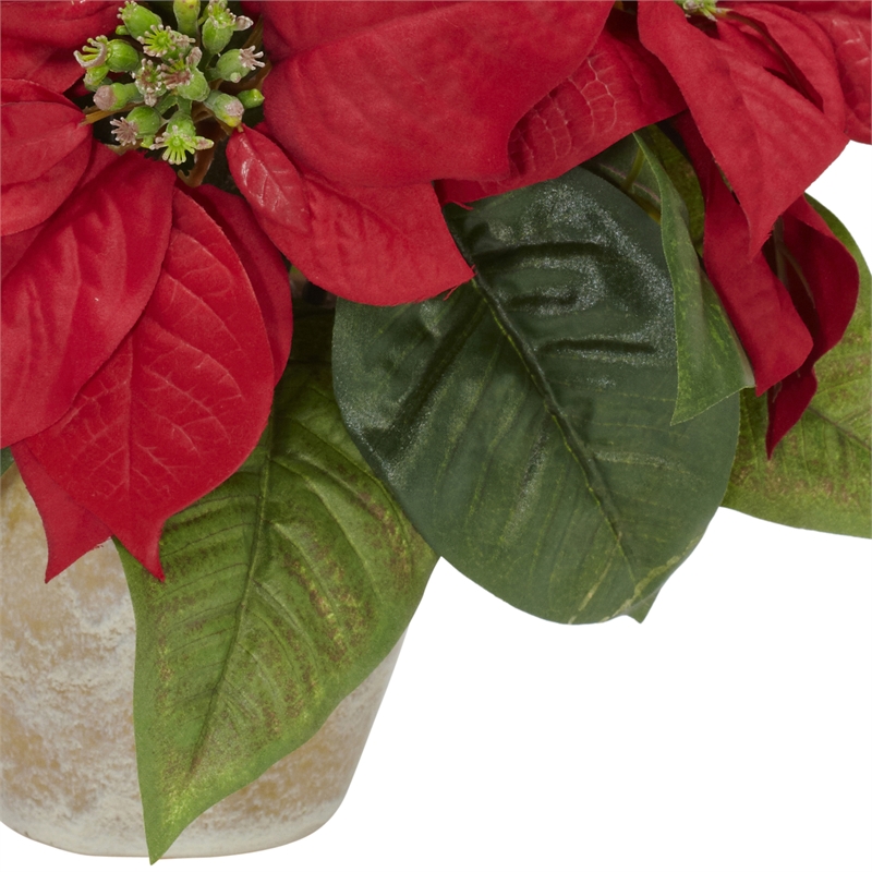 Nearly Natural Poinsettia with Ceramic Vase Silk Flower Arrangement in Red