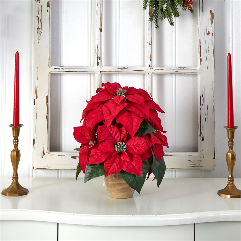 Nearly Natural Poinsettia with Ceramic Vase Silk Flower Arrangement in Red