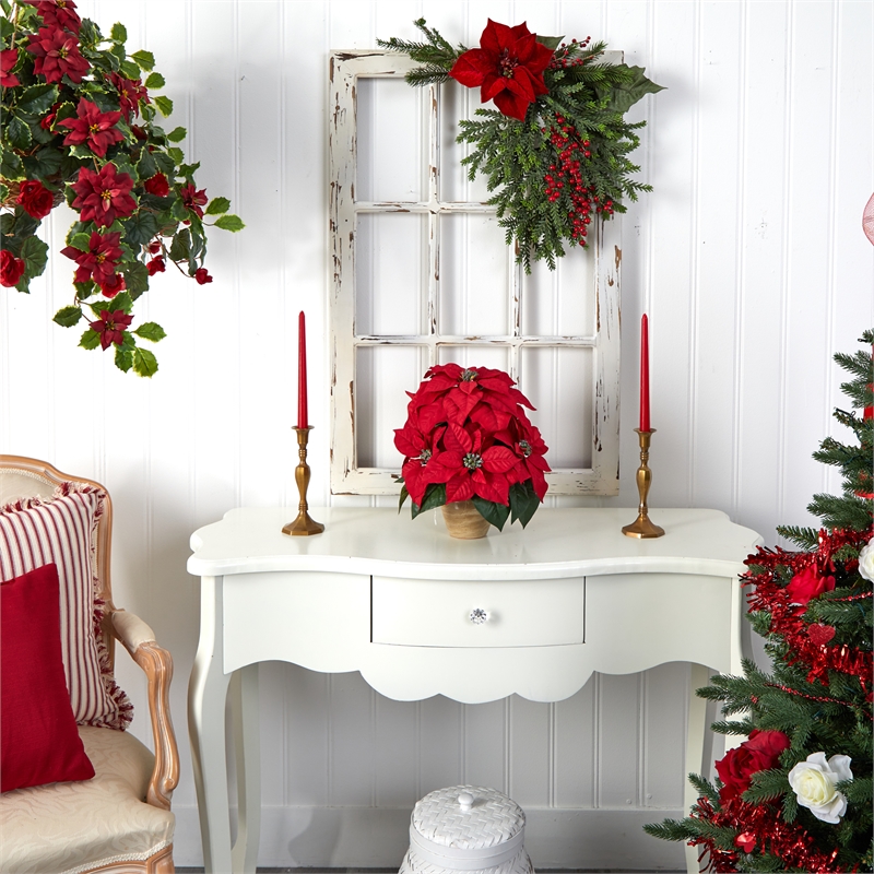 Nearly Natural Poinsettia with Ceramic Vase Silk Flower Arrangement in Red