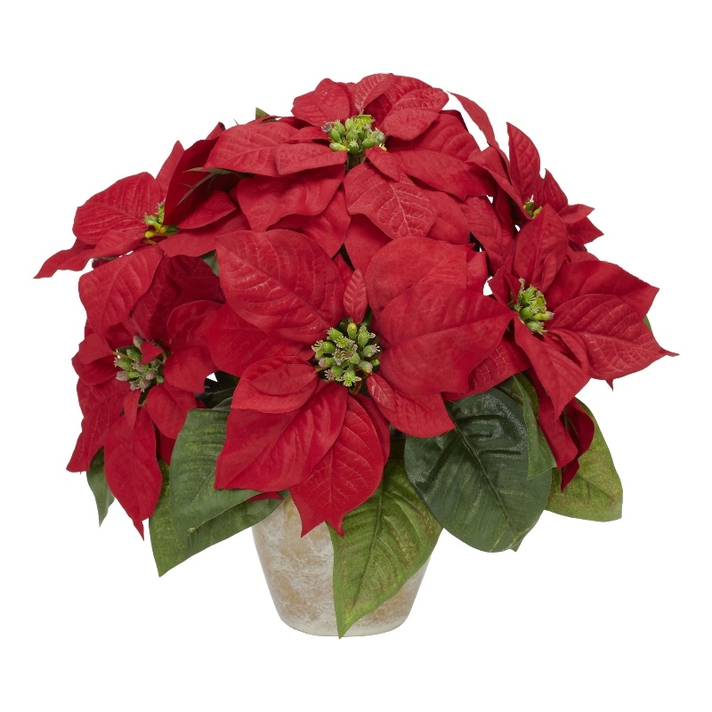 Nearly Natural Poinsettia with Ceramic Vase Silk Flower Arrangement in Red