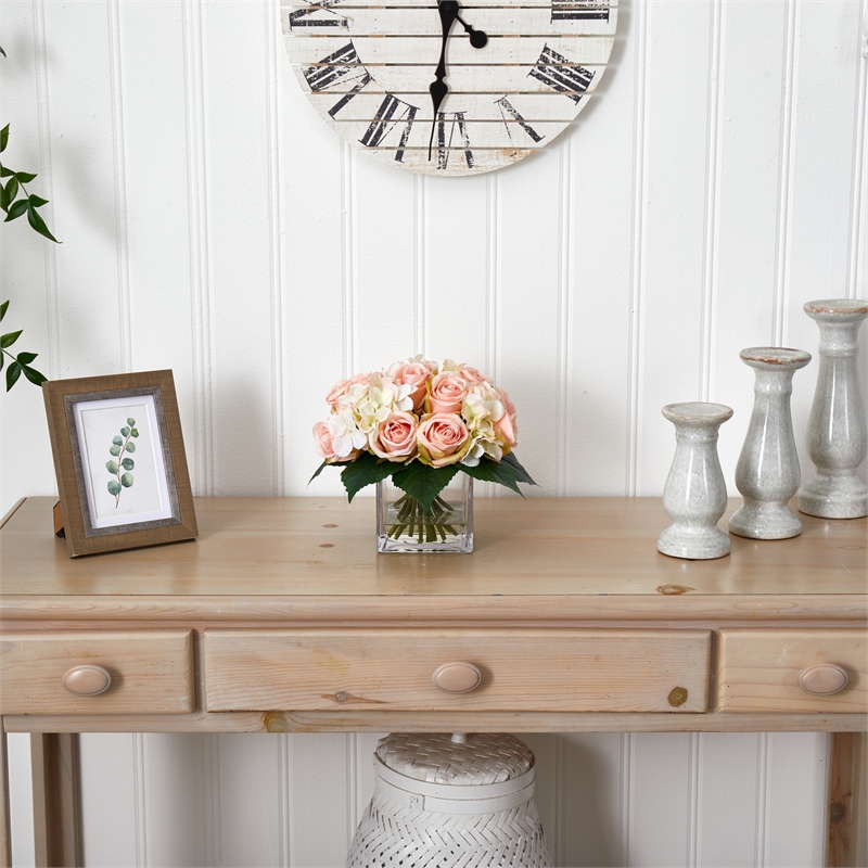 Nearly Natural Rose and Hydrangea Bouquet Artificial Arrangement in Vase in Pink